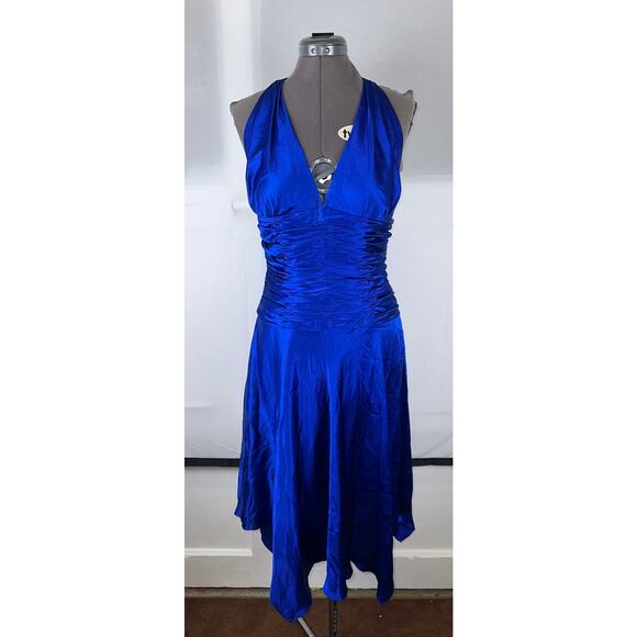 Cache 100% Silk Royal Blue Halter Ruched Cocktail Dress Size 10 NWT - Picture 1 of 9